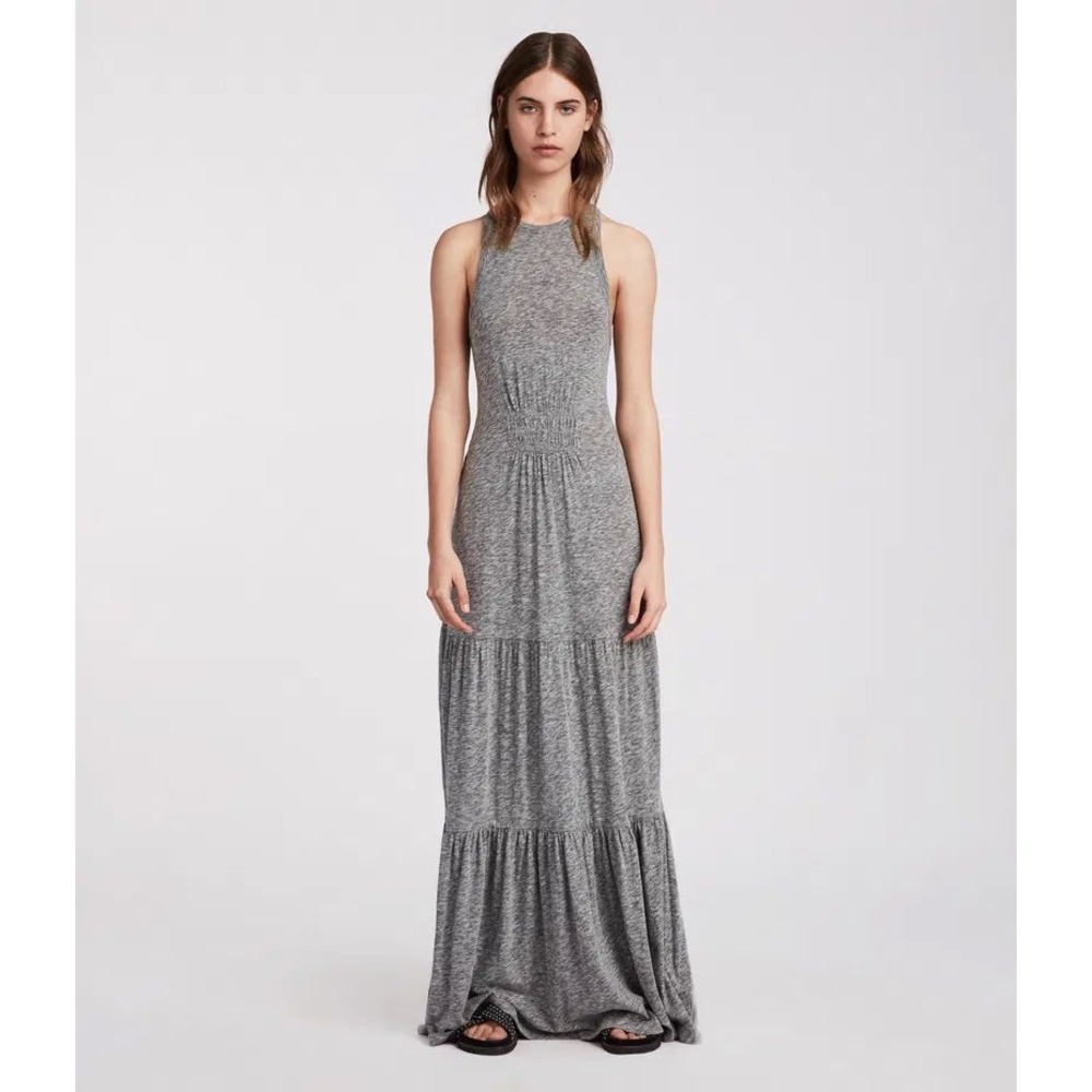 AllSaints Tiered Smocked Waist Racerback Maxi Dress Whimsy Ruffle Boho Small‎